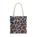 Brown Blue Giraffe Print Tote Bag with cream handles, front packshot