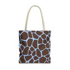 Brown Blue Giraffe Print Tote Bag with cream handles, front packshot