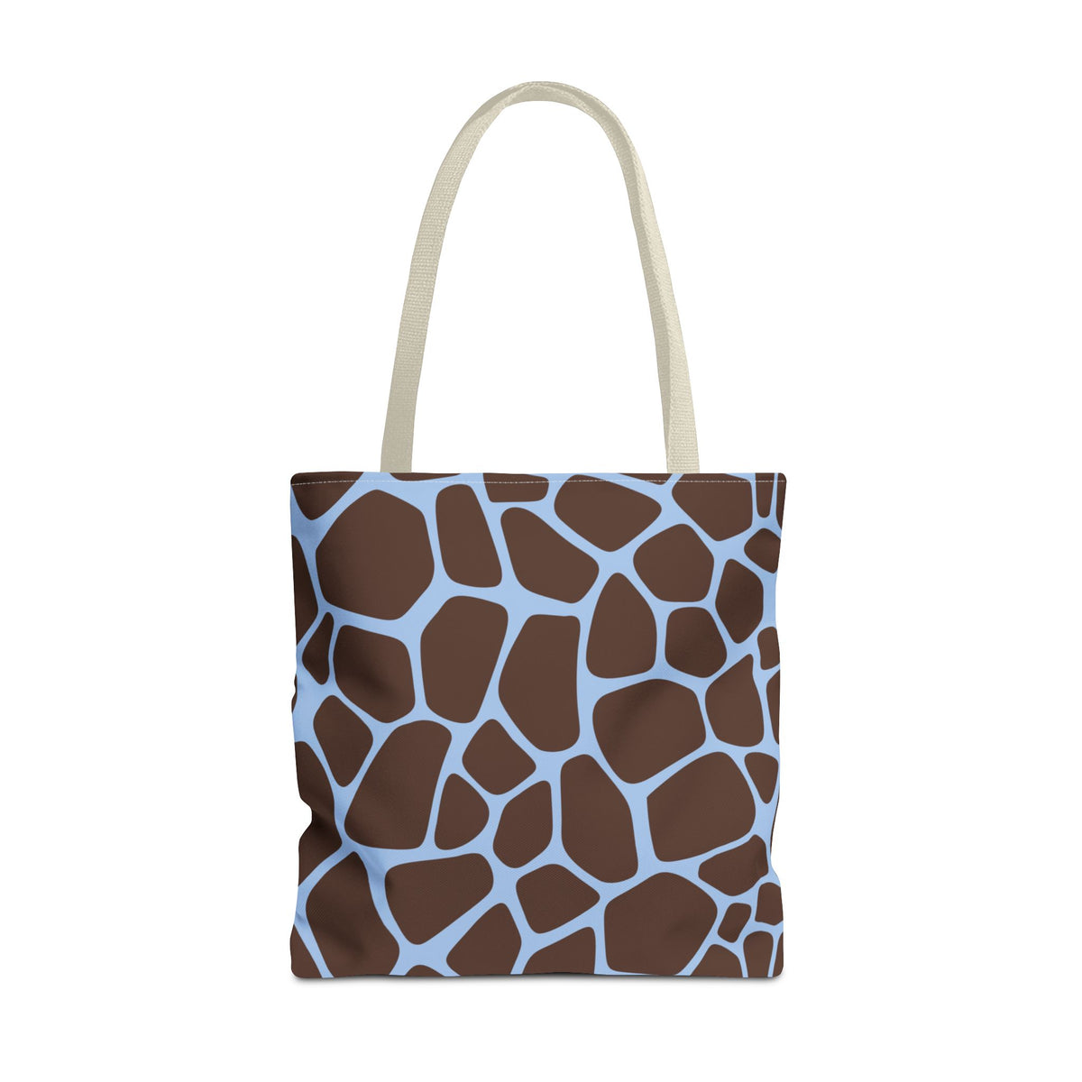 Brown Blue Giraffe Print Tote Bag with cream handles, front packshot