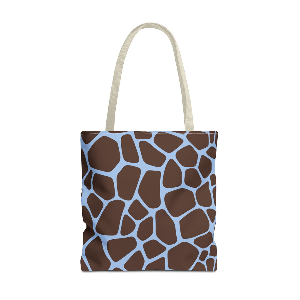 Brown Blue Giraffe Print Tote Bag with cream handles, front view
