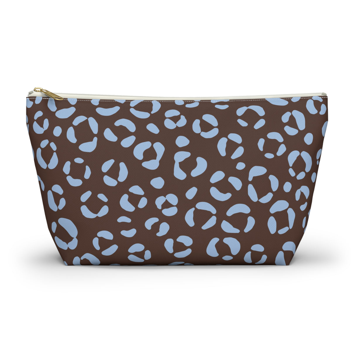 Brown Blue Leopard Print Makeup Bag with gold zipper, front packshot