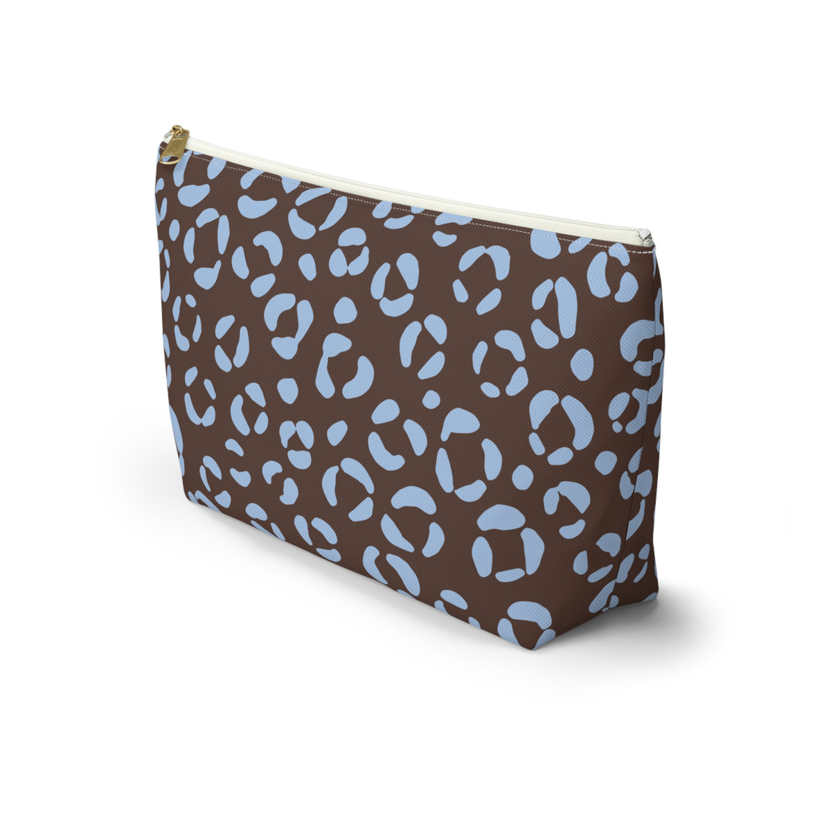 Side view of the leopard print makeup bag in brown and blue