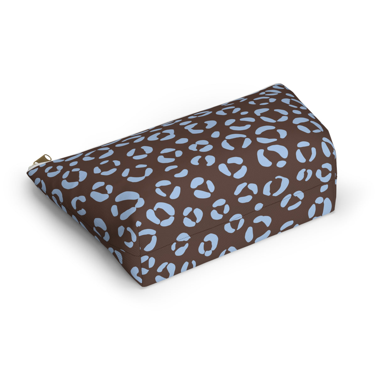 Brown blue leopard print makeup bag lying flat showing the T-bottom shape