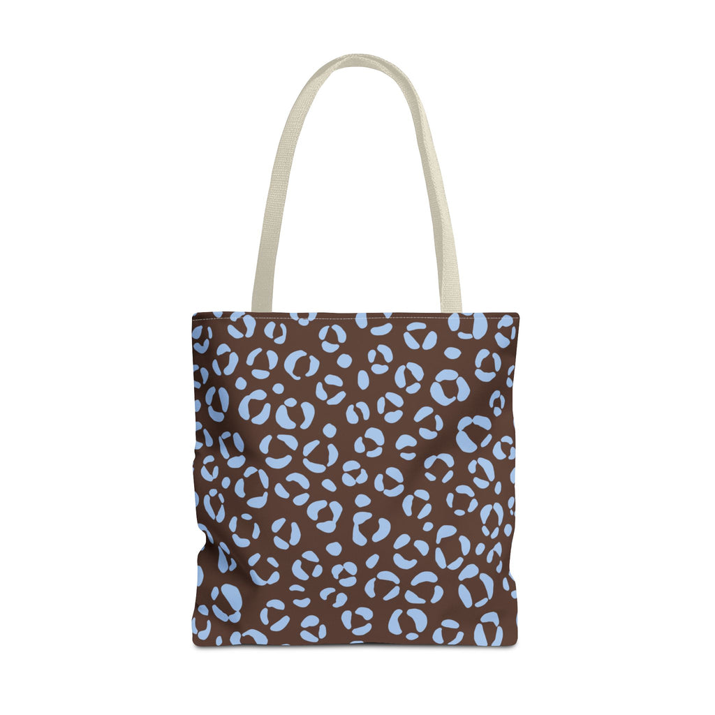 Brown Blue Leopard Print Tote Bag with cream handles, front packshot