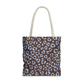 Brown Blue Leopard Print Tote Bag with cream handles, front packshot