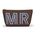 Brown personalized makeup bag with light blue outlined MR initials and gold zipper pull
