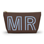 Brown personalized makeup bag with light blue outlined MR initials and gold zipper pull