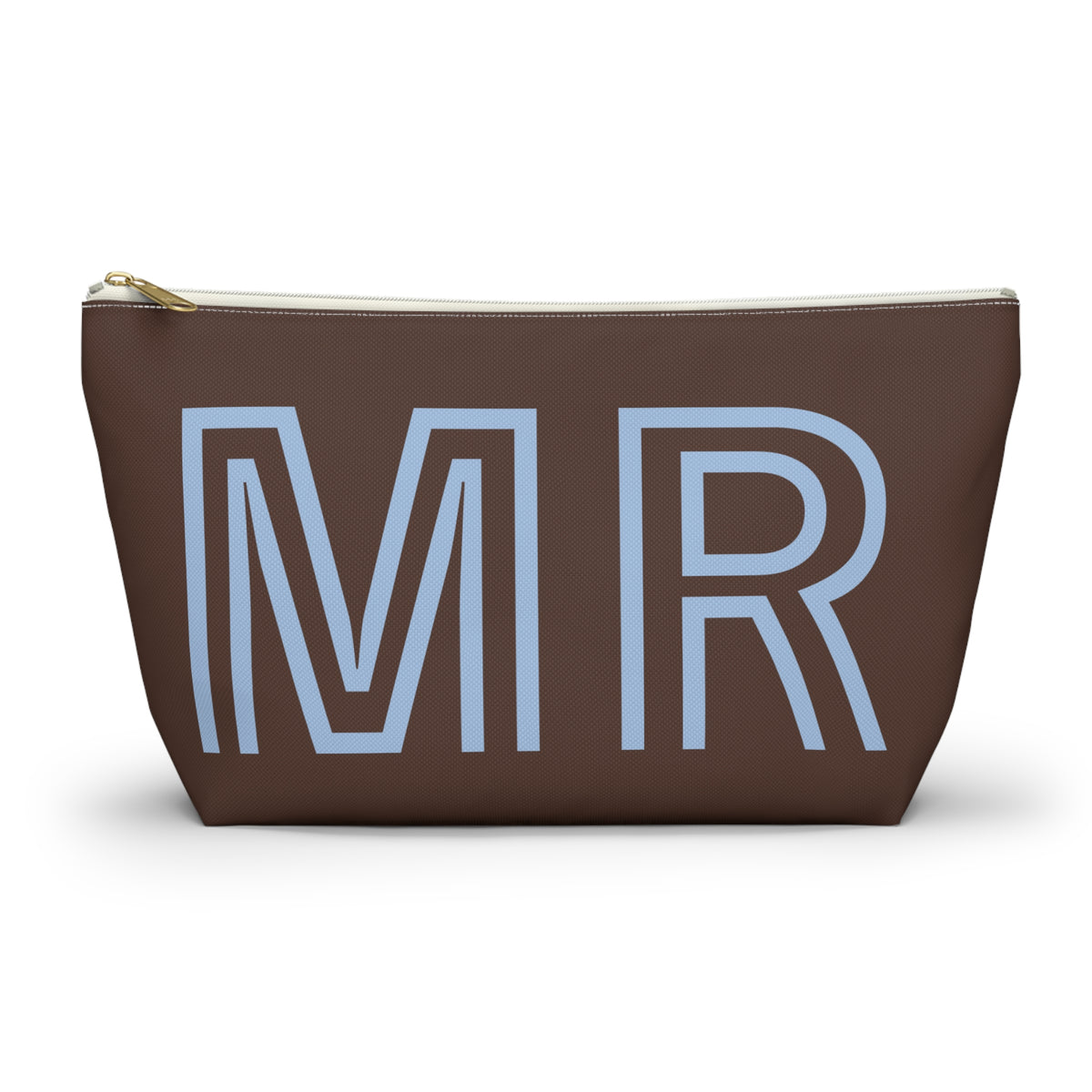 Brown personalized makeup bag with light blue outlined MR initials and gold zipper pull