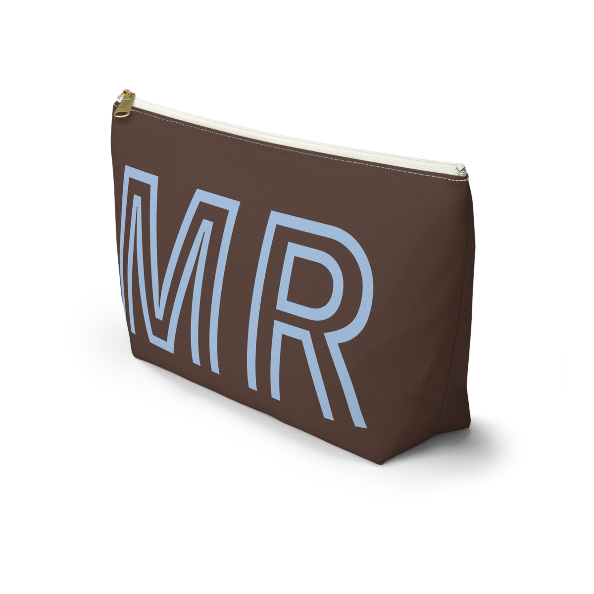 Side view of the brown blue monogram personalized makeup bag