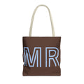Brown personalized tote bag with light blue outlined MR initials, front view