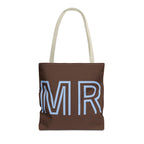 Brown personalized tote bag with light blue outlined MR initials, front view