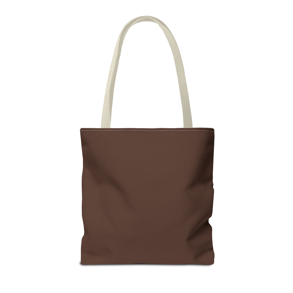 Back of the plain brown personalized tote bag with cream handles