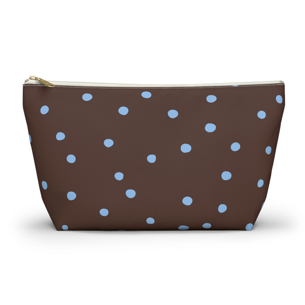 Brown Blue Polka Dot Makeup Bag with light blue dots on chocolate brown, front view