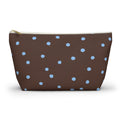Brown Blue Polka Dot Makeup Bag with light blue dots on chocolate brown, front view