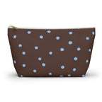 Brown Blue Polka Dot Makeup Bag with light blue dots on chocolate brown, front view