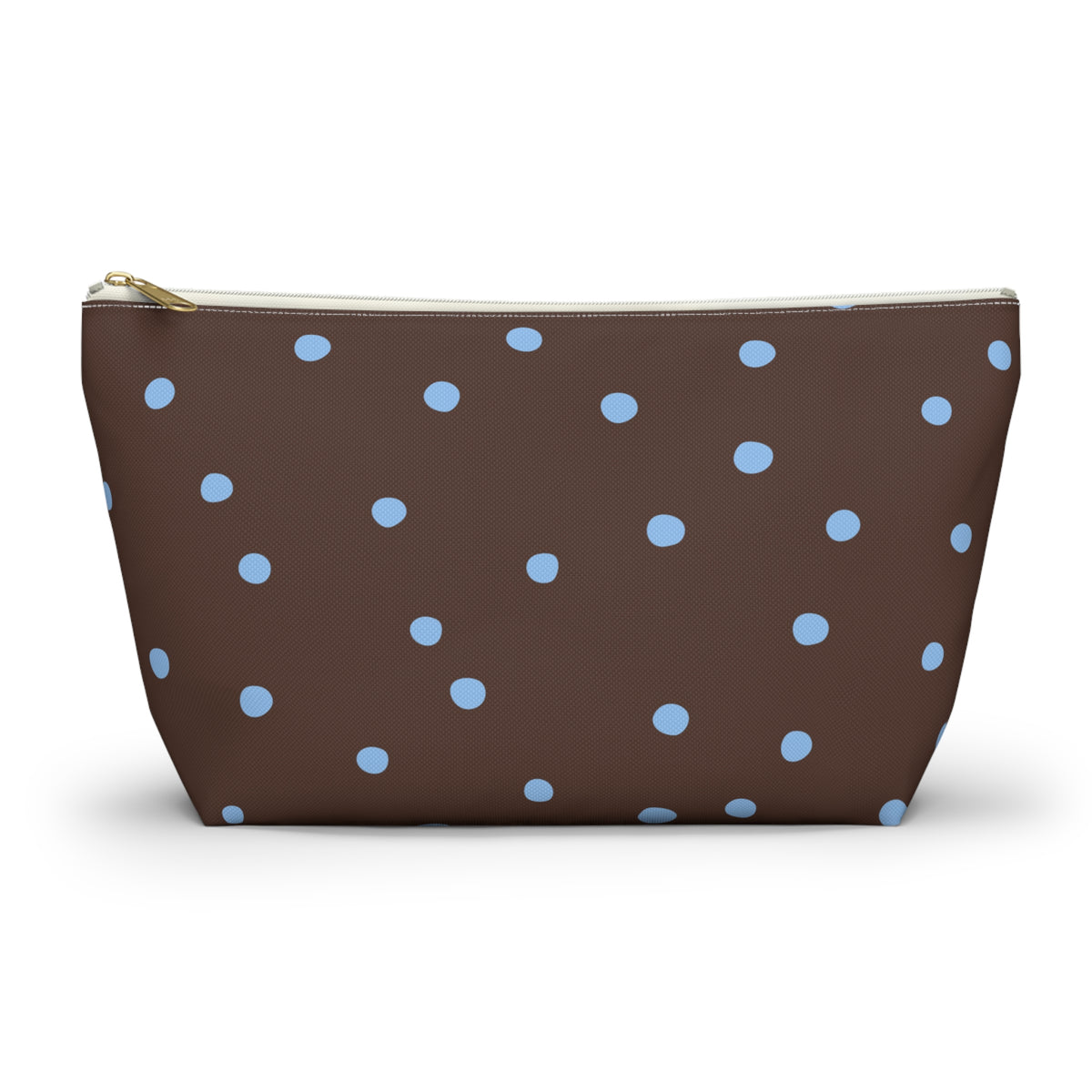 Brown Blue Polka Dot Makeup Bag with light blue dots on chocolate brown, front view