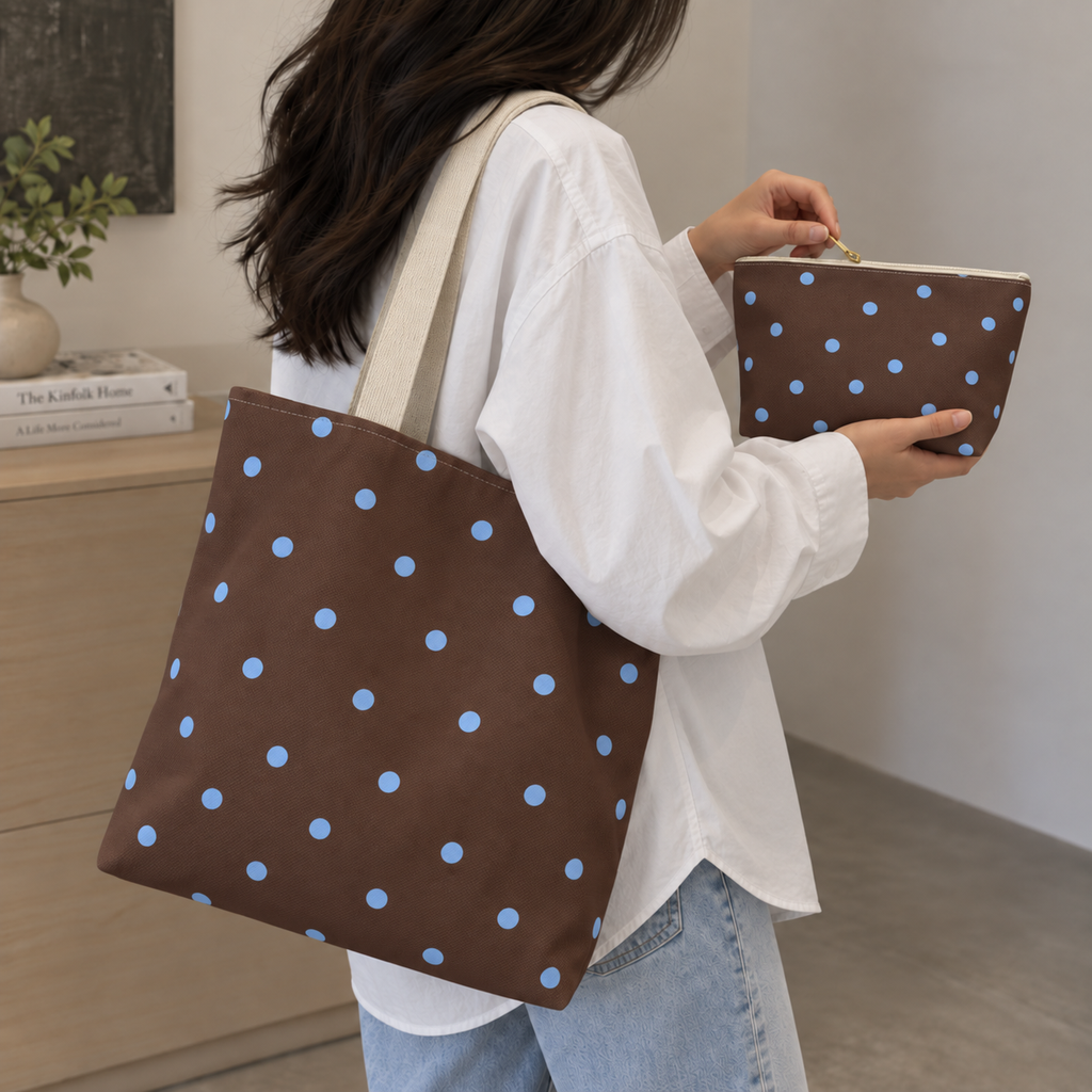 Model carrying the polka dot tote bag while holding the matching brown makeup bag