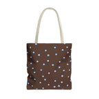 Brown Blue Polka Dot Tote Bag with small light blue dots on chocolate brown, front view