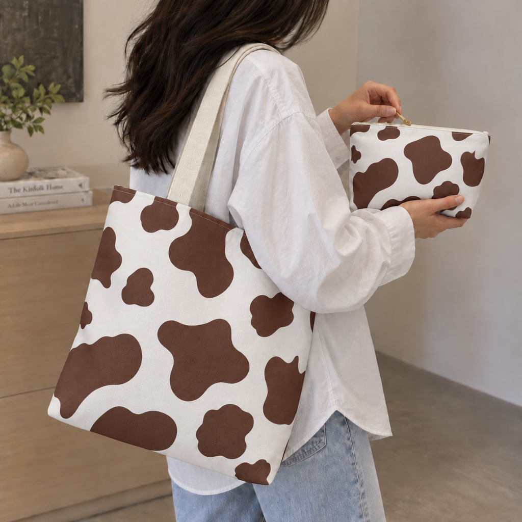 Model carrying the cow print tote bag on her shoulder with the matching makeup bag in hand