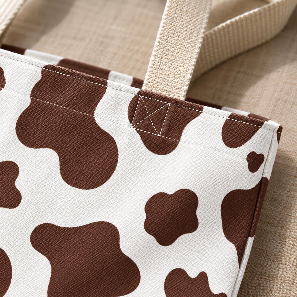 Close-up of the brown cow print patches and cream handle of the tote bag