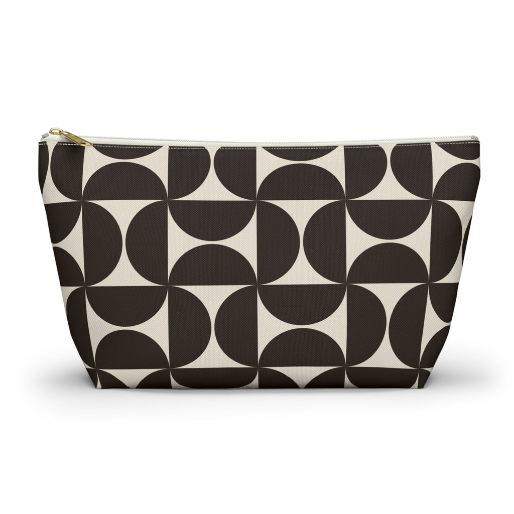 Brown cream geometric makeup bag with T-bottom shape seen from the front