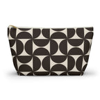 Brown cream geometric makeup bag with T-bottom shape seen from the front