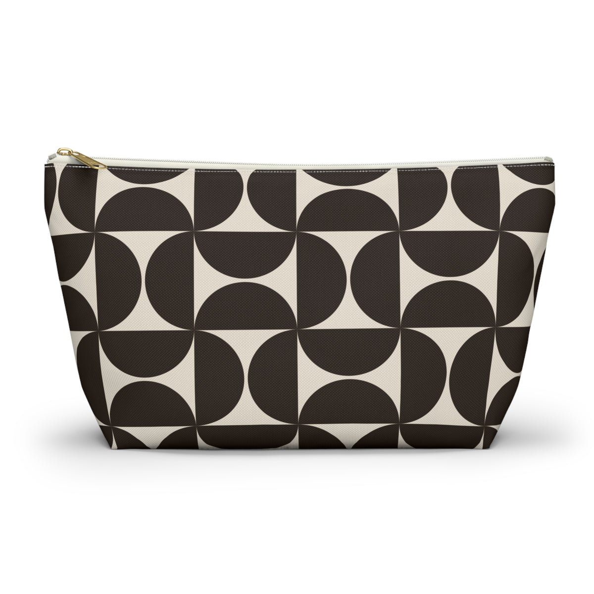 Brown cream geometric makeup bag with T-bottom shape seen from the front