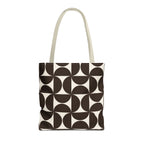 Brown cream geometric tote bag with beige handles on a white background