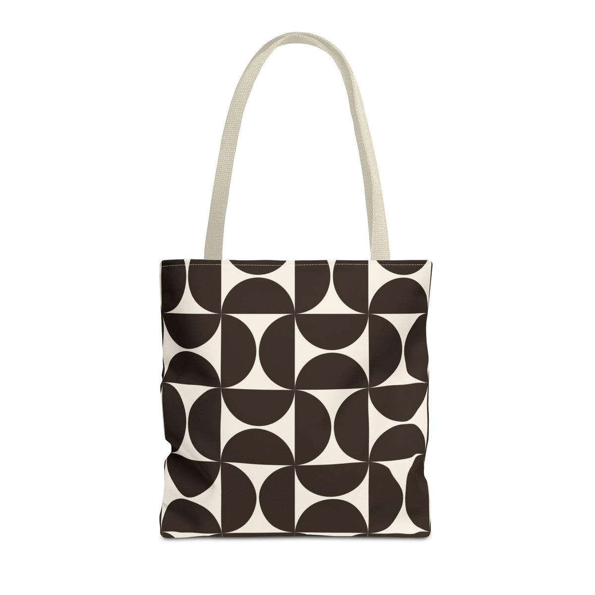 Brown cream geometric tote bag with beige handles on a white background