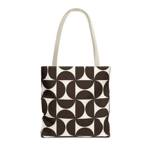 Brown cream geometric tote bag with beige handles on a white background