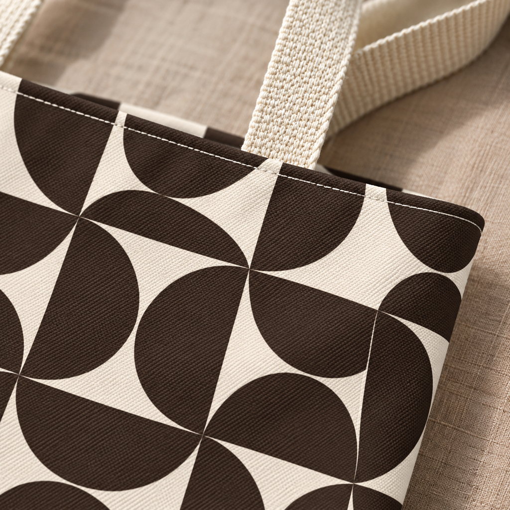 Close-up of the brown and cream geometric print and the beige handle of the tote bag
