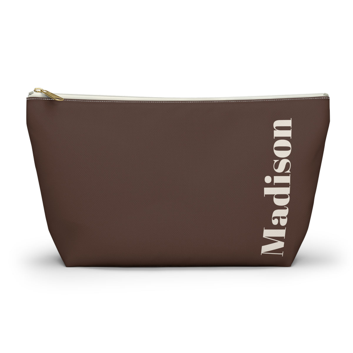 Brown Cream Name personalized makeup bag front view with T-bottom