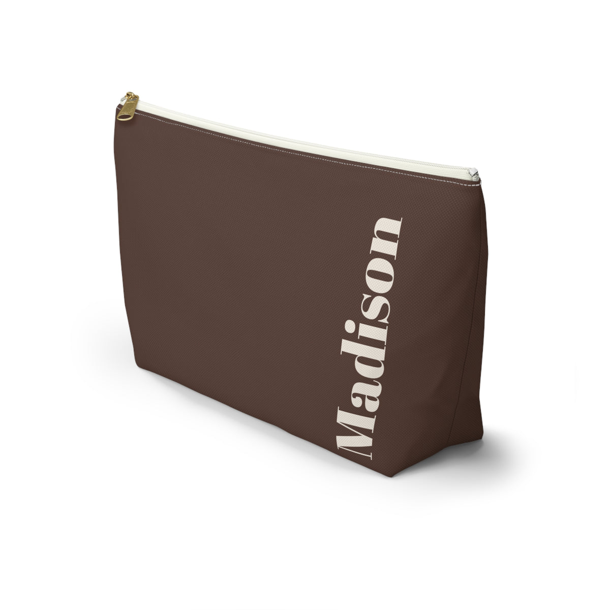 Side view of the Brown Cream Name personalized makeup bag