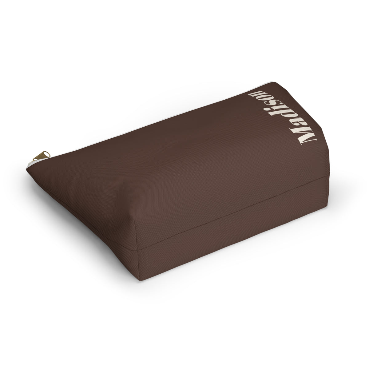 Brown Cream Name personalized makeup bag shown at an angle