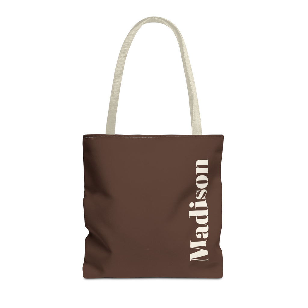 Brown Cream Name personalized tote bag front view with cream handles