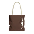 Brown Cream Name personalized tote bag front view with cream handles