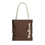 Brown Cream Name personalized tote bag front view with cream handles