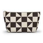 Brown cream triangle makeup bag with T-bottom shape seen from the front