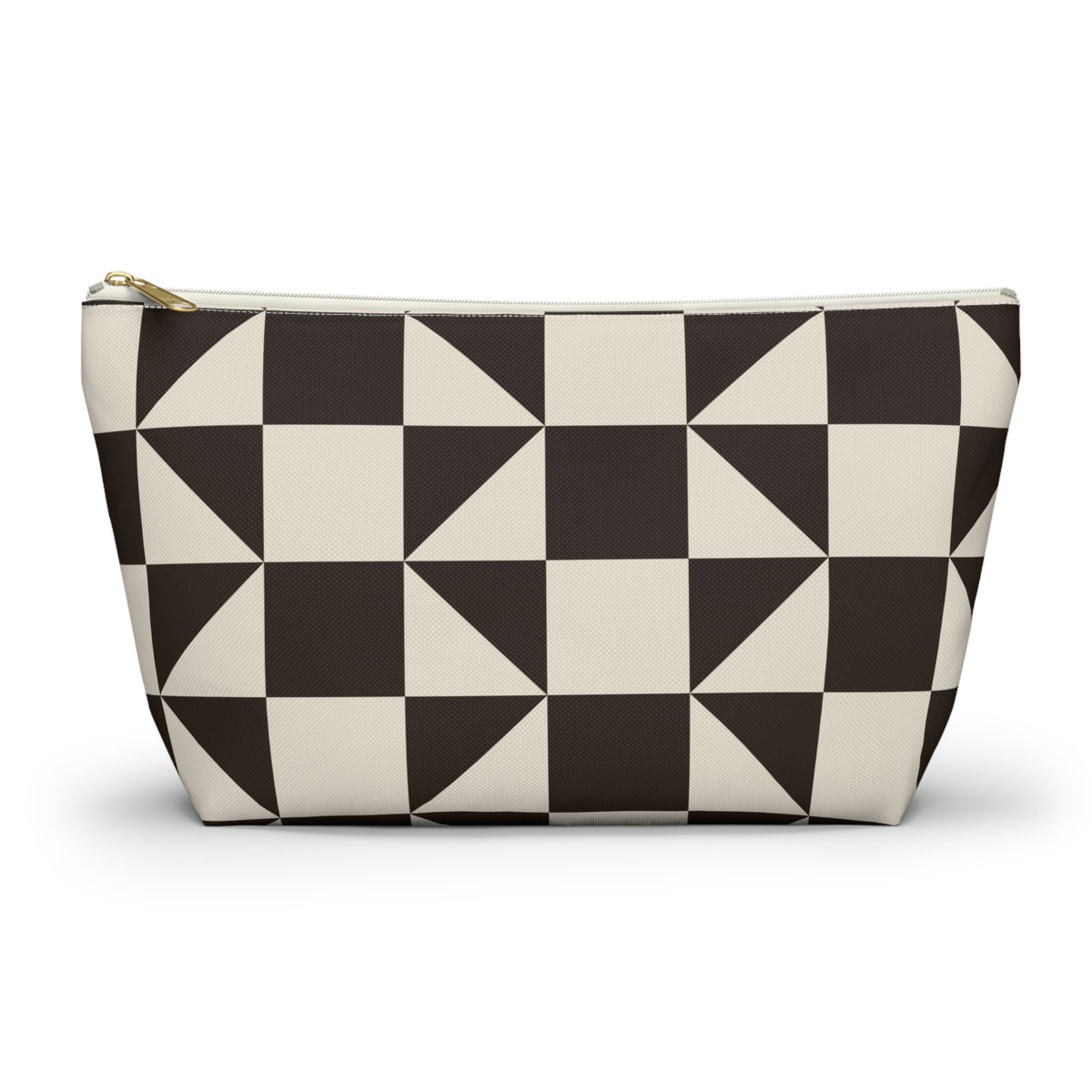 Brown cream triangle makeup bag with T-bottom shape seen from the front