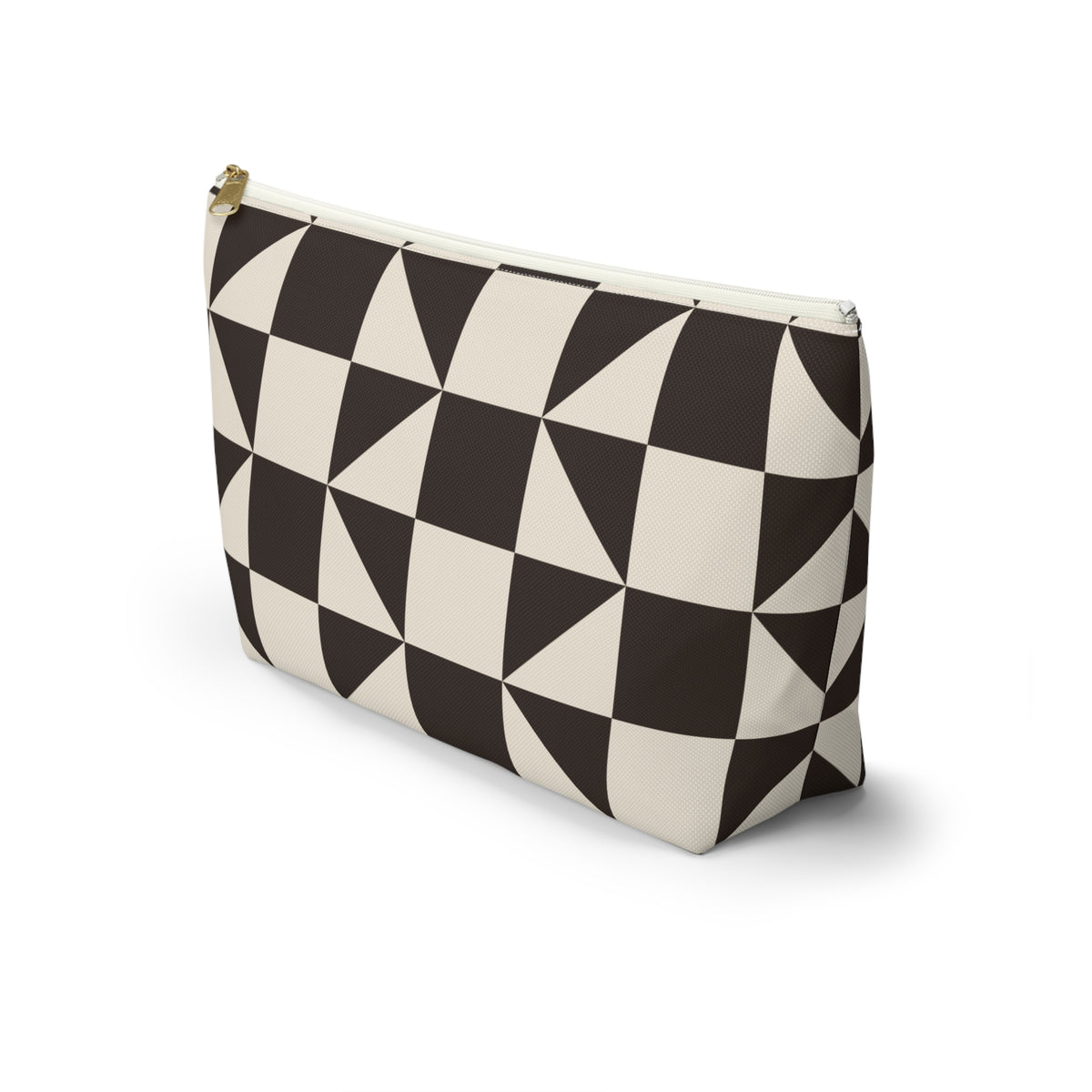 Side view of the brown cream triangle makeup bag