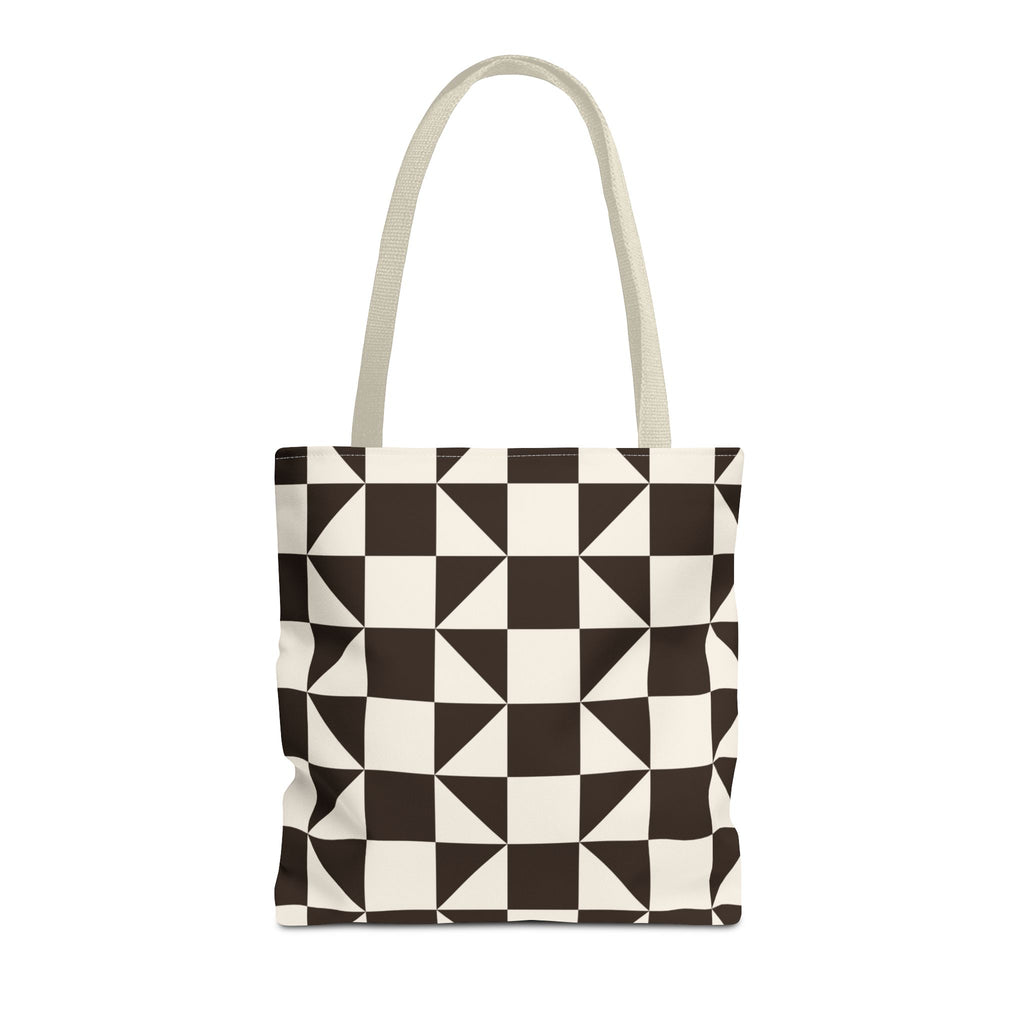 Brown cream triangle tote bag with beige handles on a white background