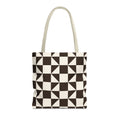 Brown cream triangle tote bag with beige handles on a white background