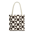 Brown cream triangle tote bag with beige handles on a white background