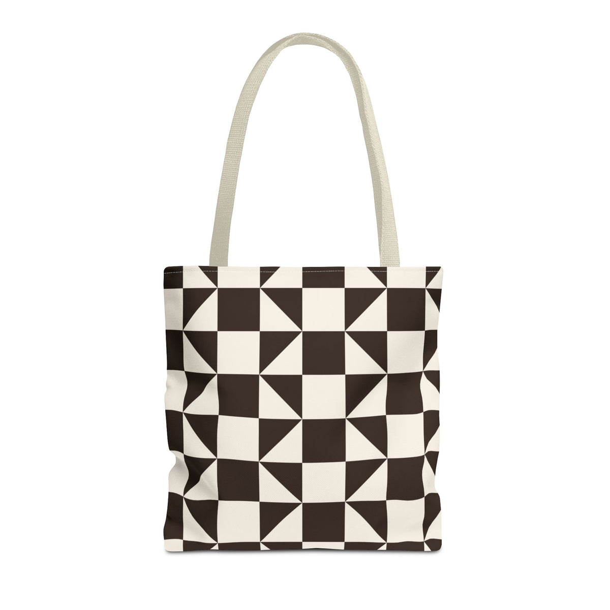 Brown cream triangle tote bag with beige handles on a white background