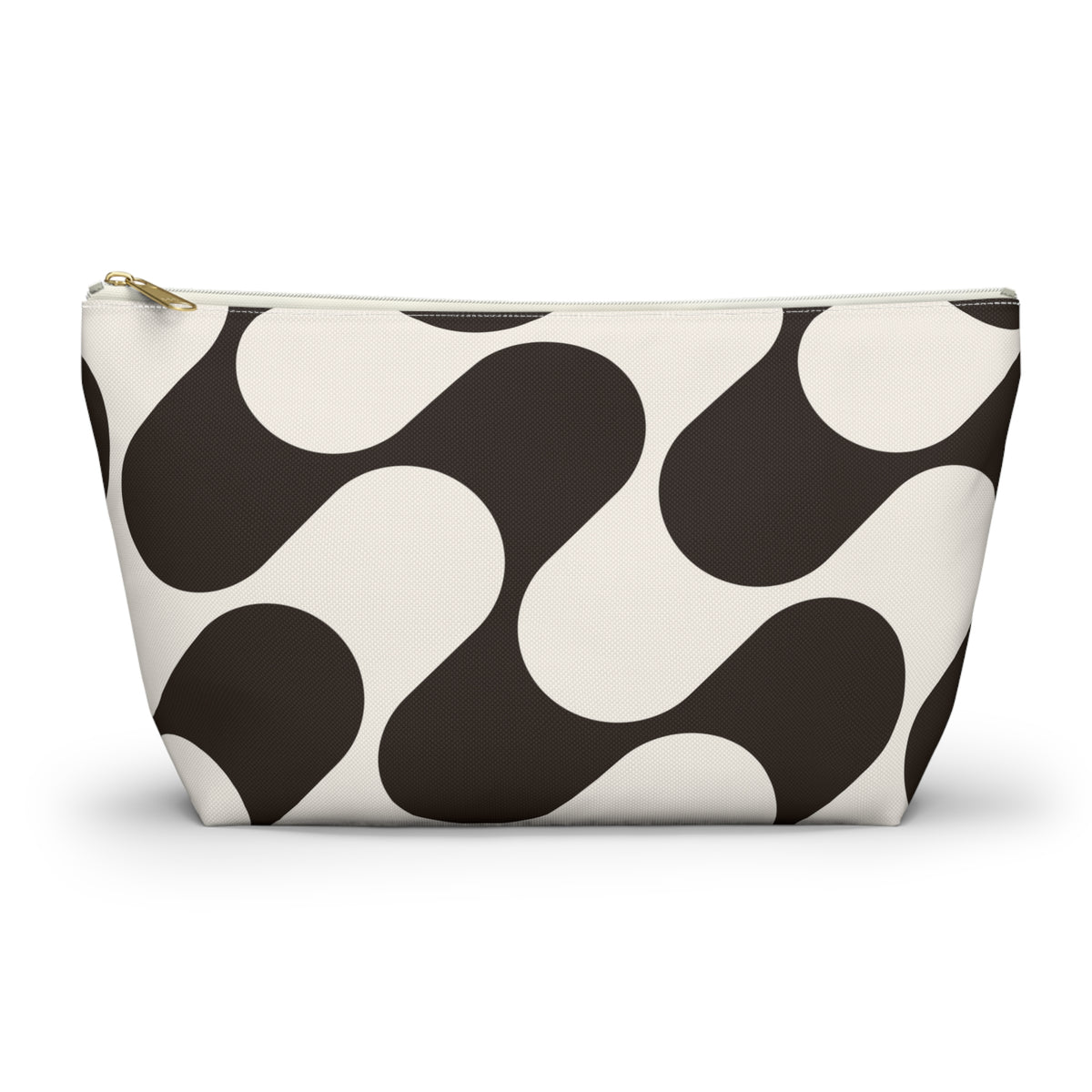 Brown cream wave makeup bag with T-bottom shape seen from the front