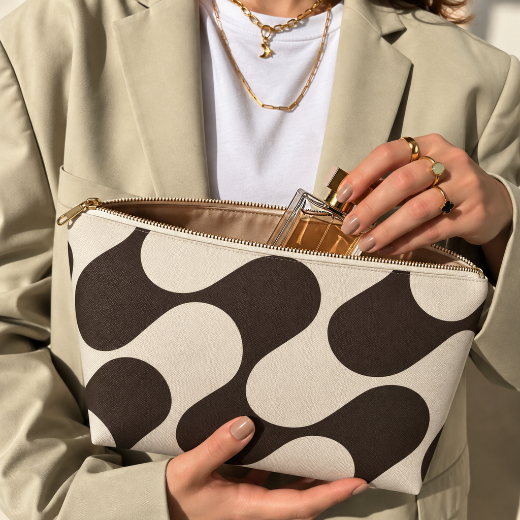Hands holding the open brown cream wave makeup bag