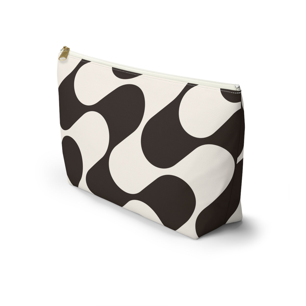 Side view of the brown cream wave makeup bag