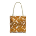 Brown Fawn Spotted tote bag front view with cream handles
