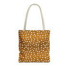 Brown Fawn Spotted tote bag front view with cream handles