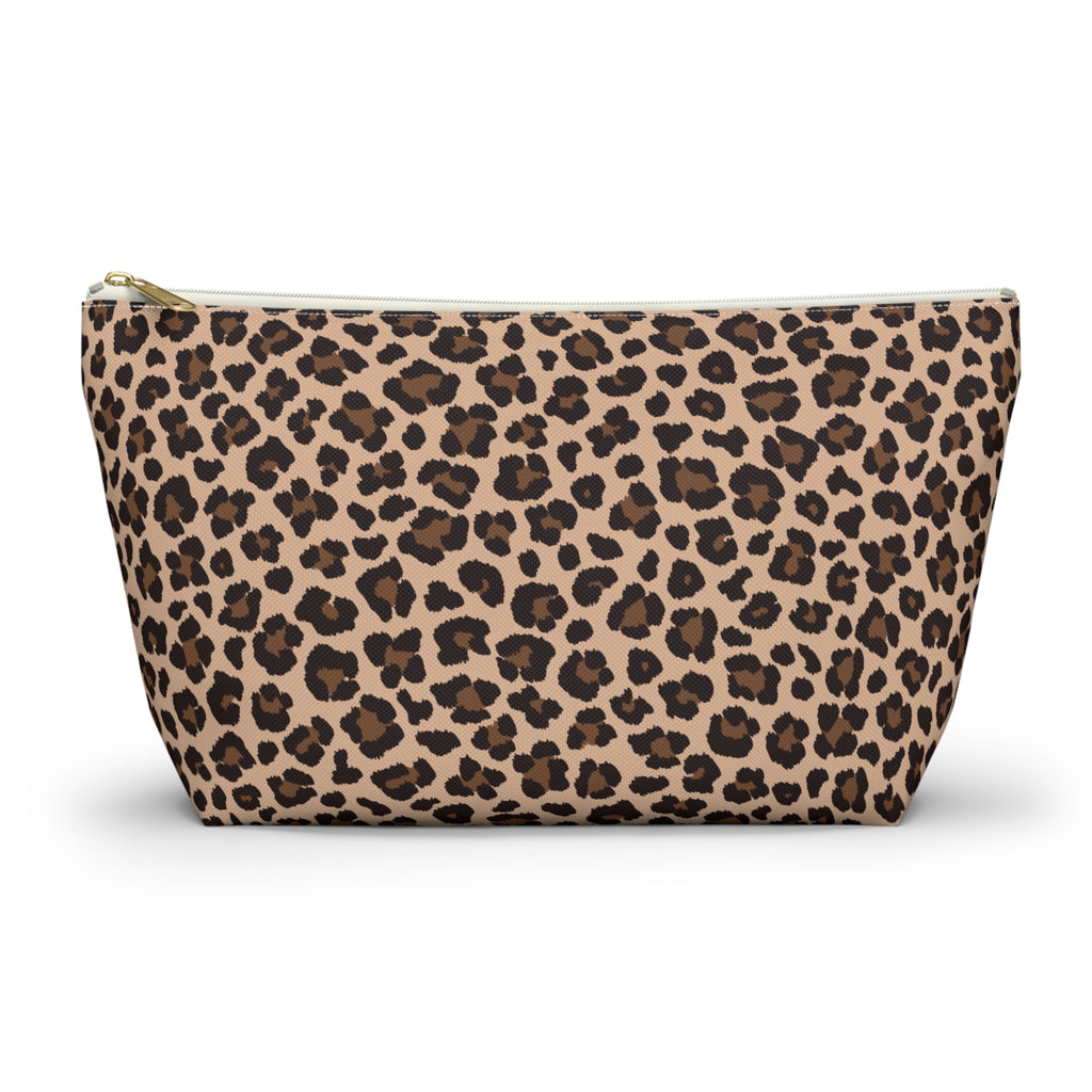 Brown Leopard Print Makeup Bag with brown spots on tan, front view